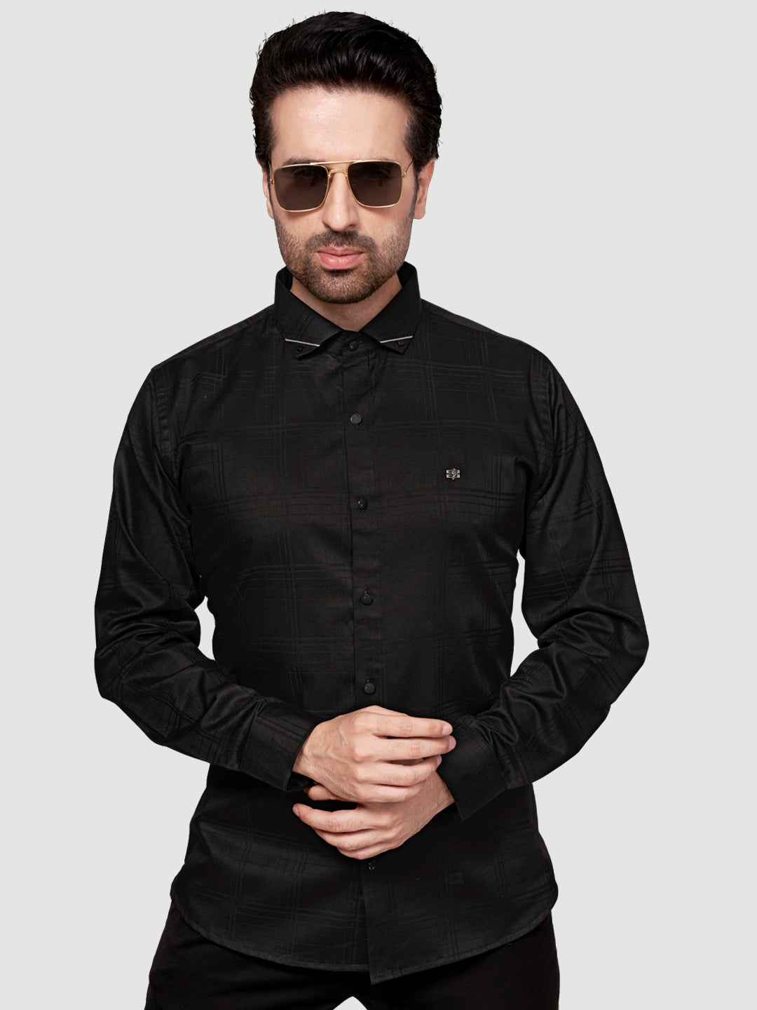 Black and White Shirt Designer Sheen Shirt with Metal Broach-3
