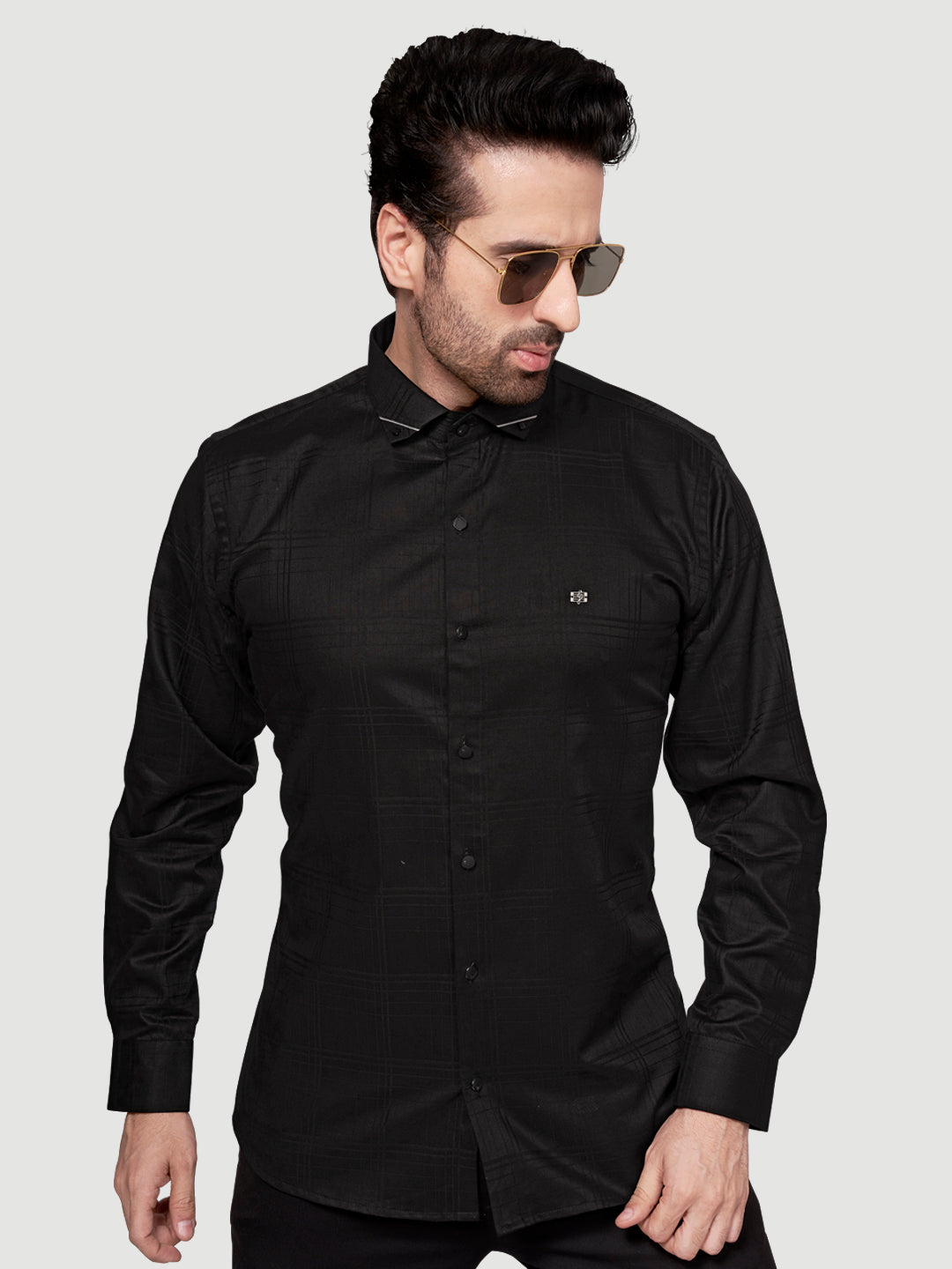 Black and White Shirt Designer Sheen Shirt with Metal Broach-3