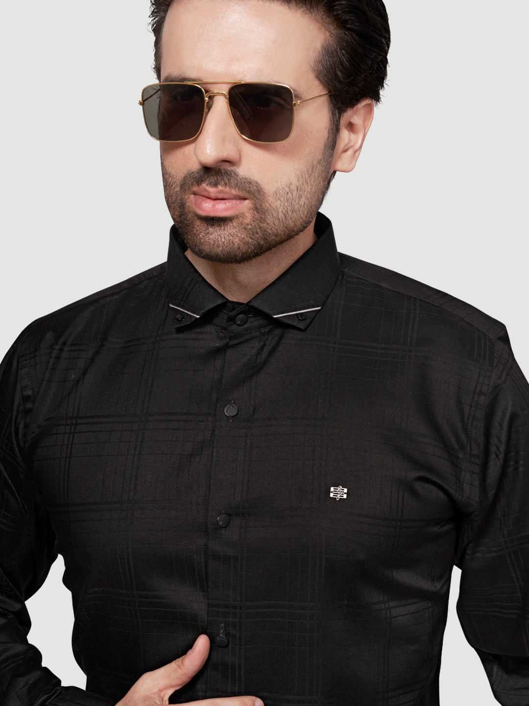 Black and White Shirt Designer Sheen Shirt with Metal Broach-3