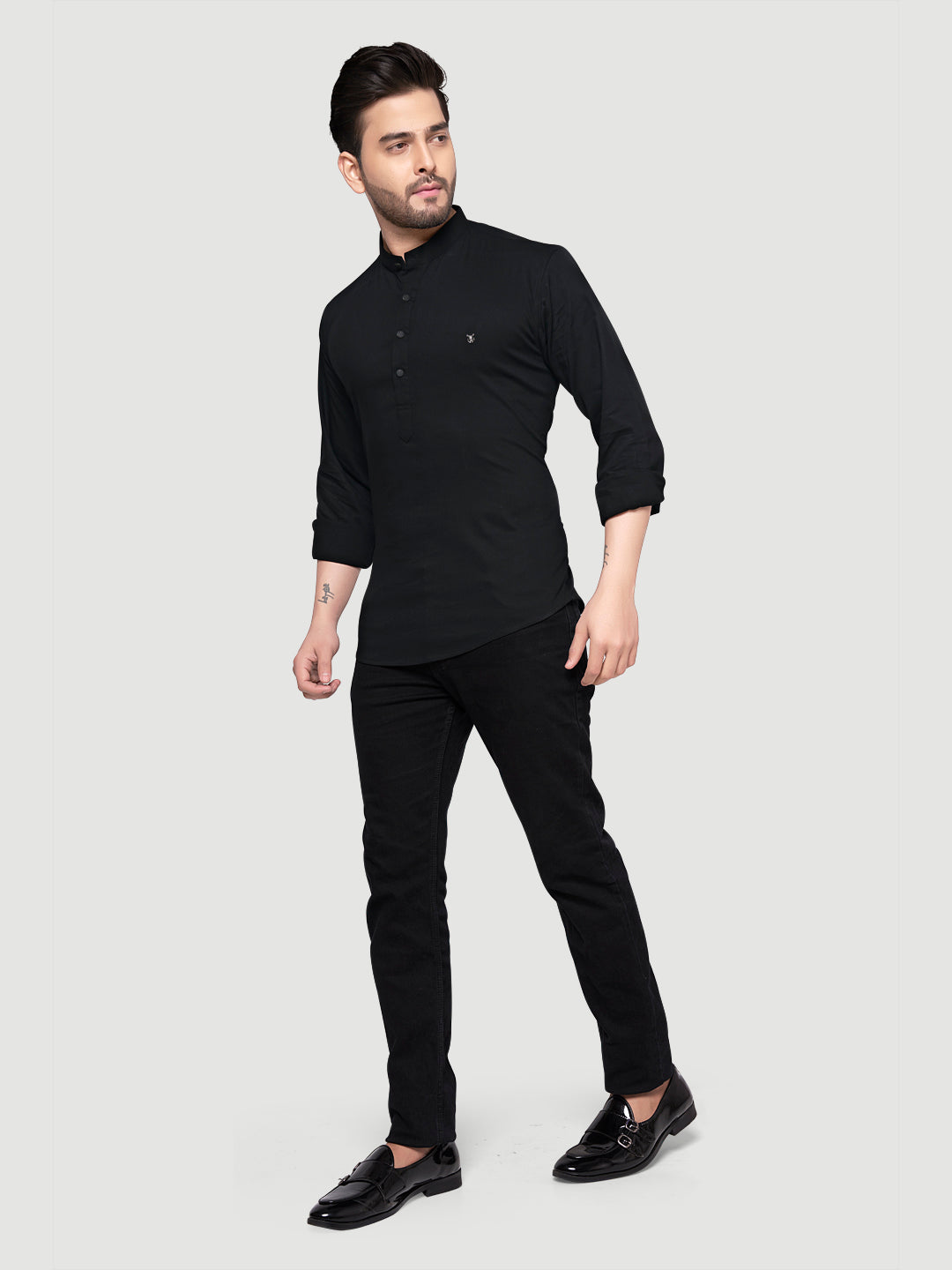 Black and White Men's Designer Shirt with Collar Accessory & Broach-13