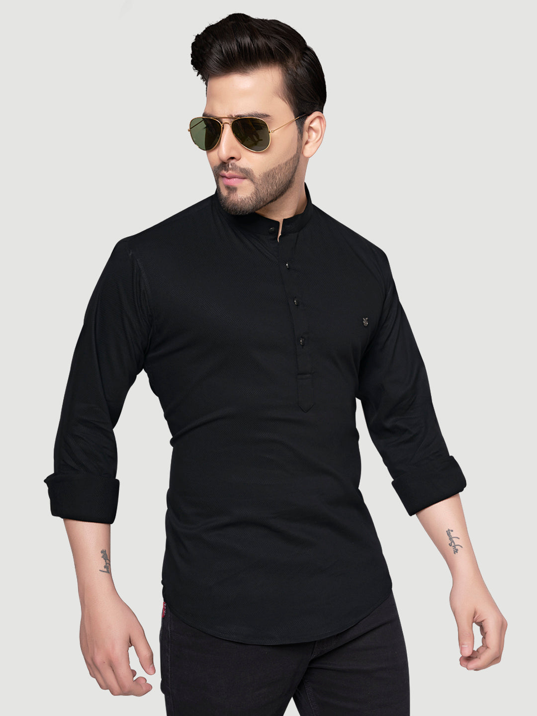Black and White Men's Designer Shirt with Collar Accessory & Broach-13