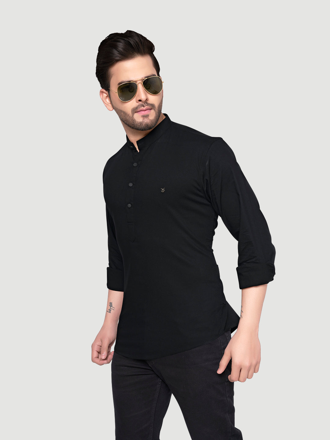 Black and White Men's Designer Shirt with Collar Accessory & Broach-13