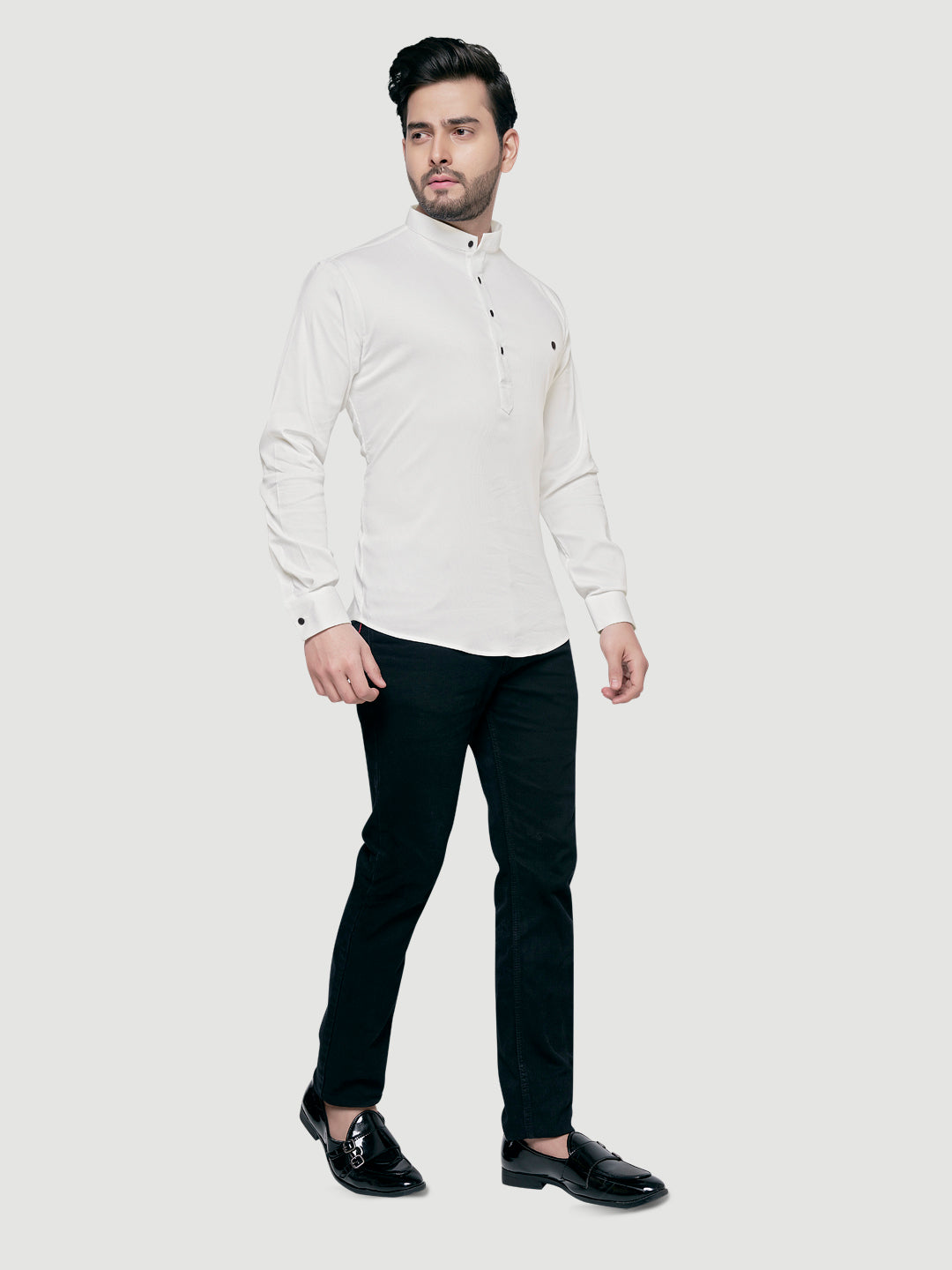 Black and White Men's Designer Shirt with Collar Accessory & Broach-18