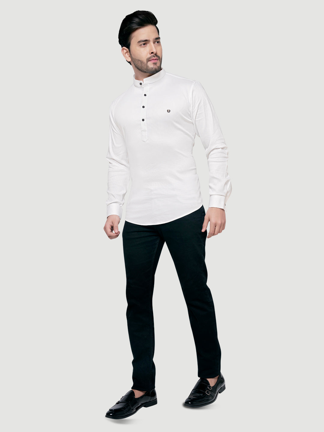 Black and White Men's Designer Shirt with Collar Accessory & Broach-18