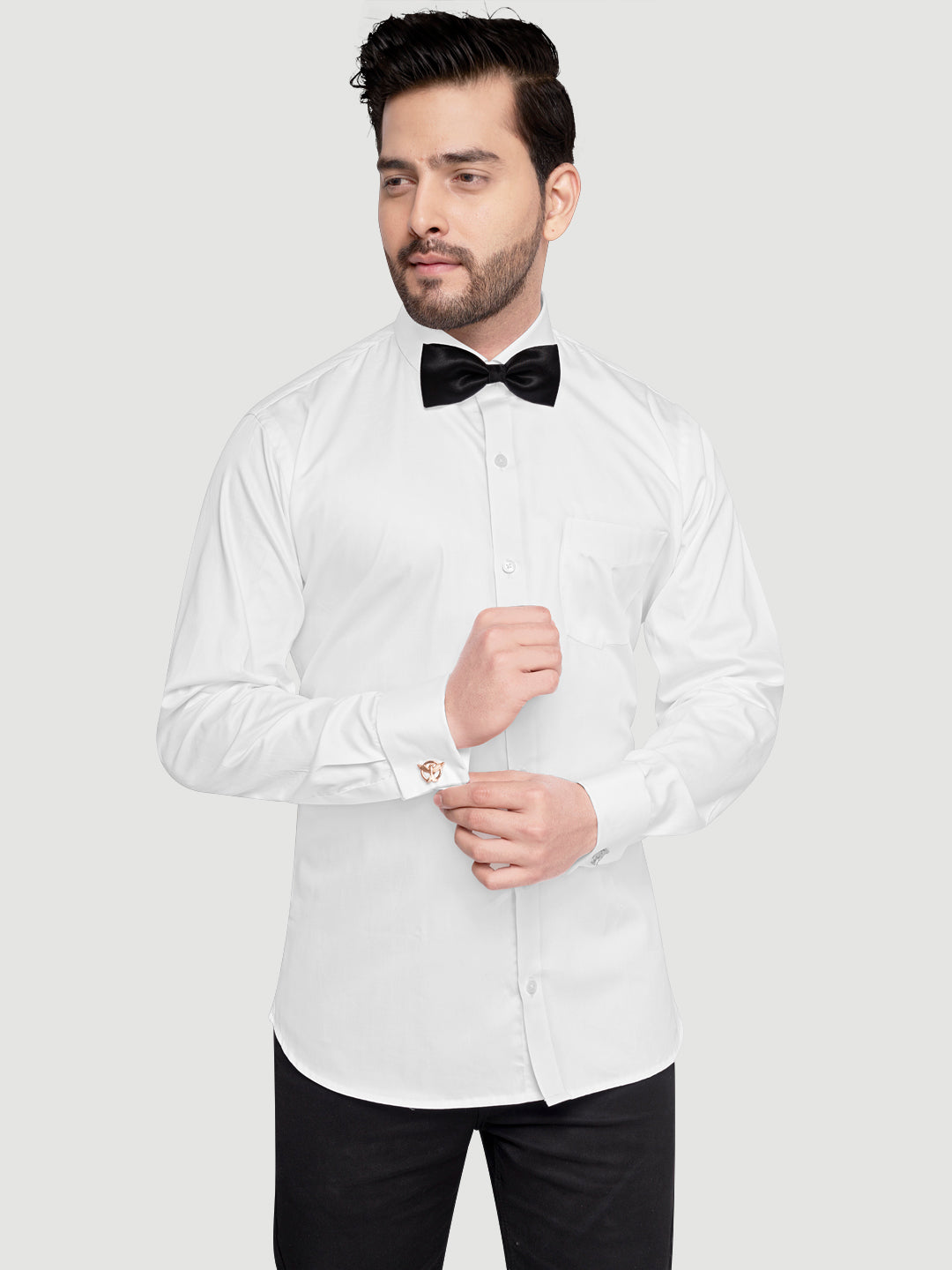 Black and White Shirts Men's Formal Cufflink Shirt White w bow