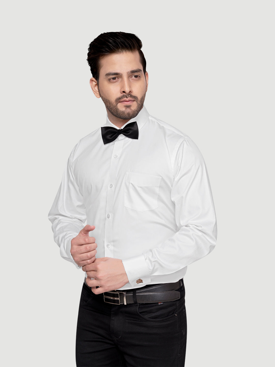 Black and White Shirts Men's Formal Cufflink Shirt White w bow