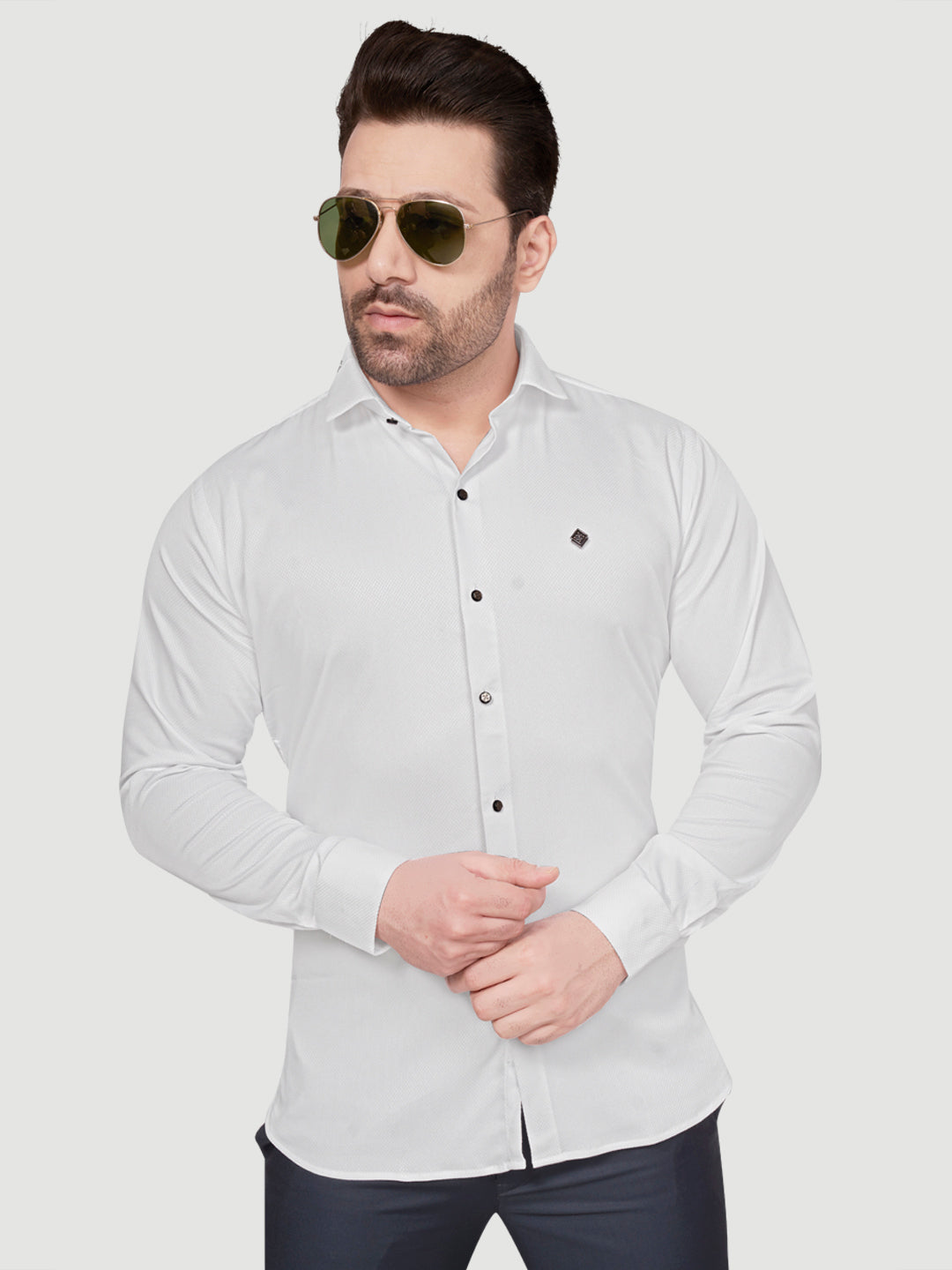 Black and White Men's Designer Shirt with Collar Accessory & Designer Broach White