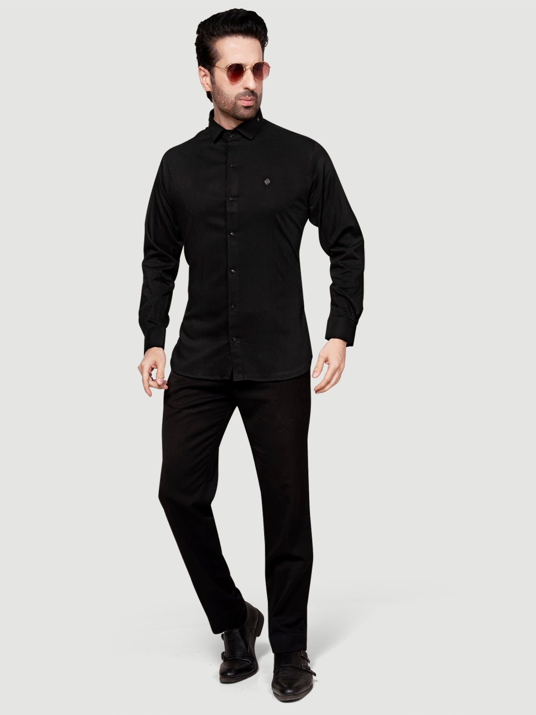 Black and White Men's Designer Shirt with Collar Accessory & Designer Broach Black