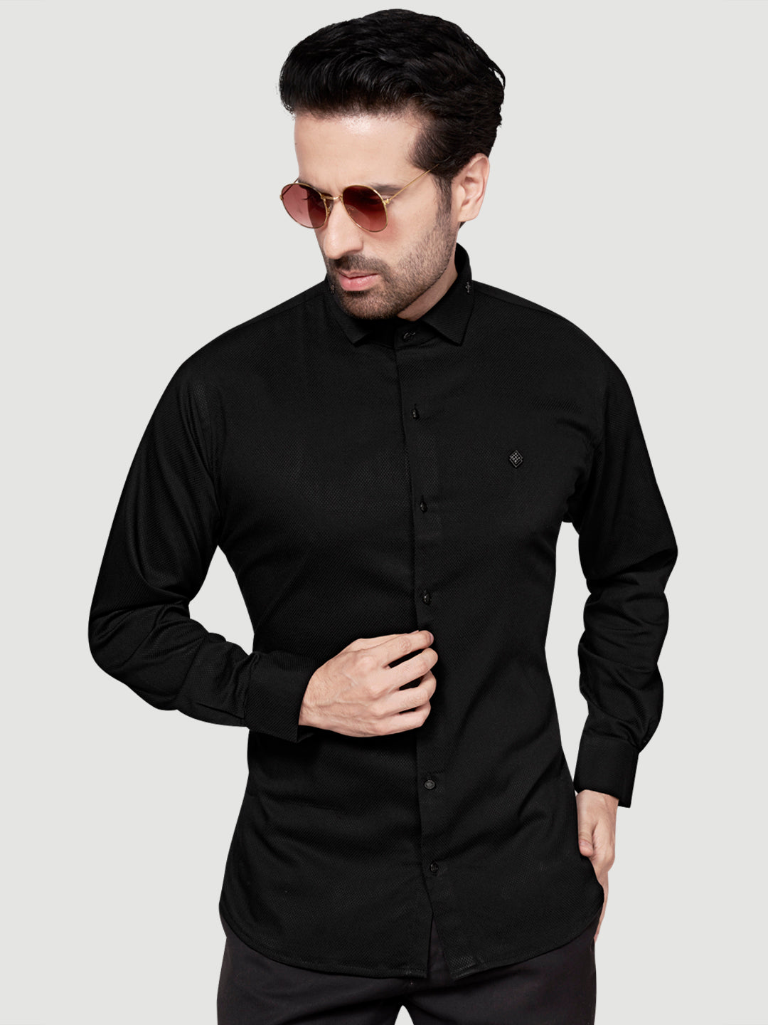 Black and White Men's Designer Shirt with Collar Accessory & Designer Broach Black