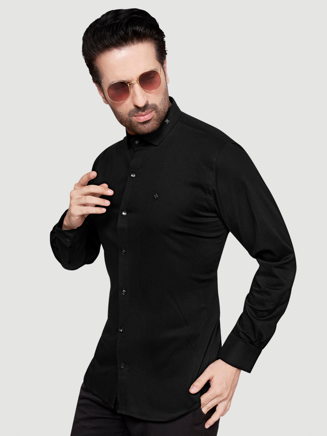 Black and White Men's Designer Shirt with Collar Accessory & Designer Broach Black