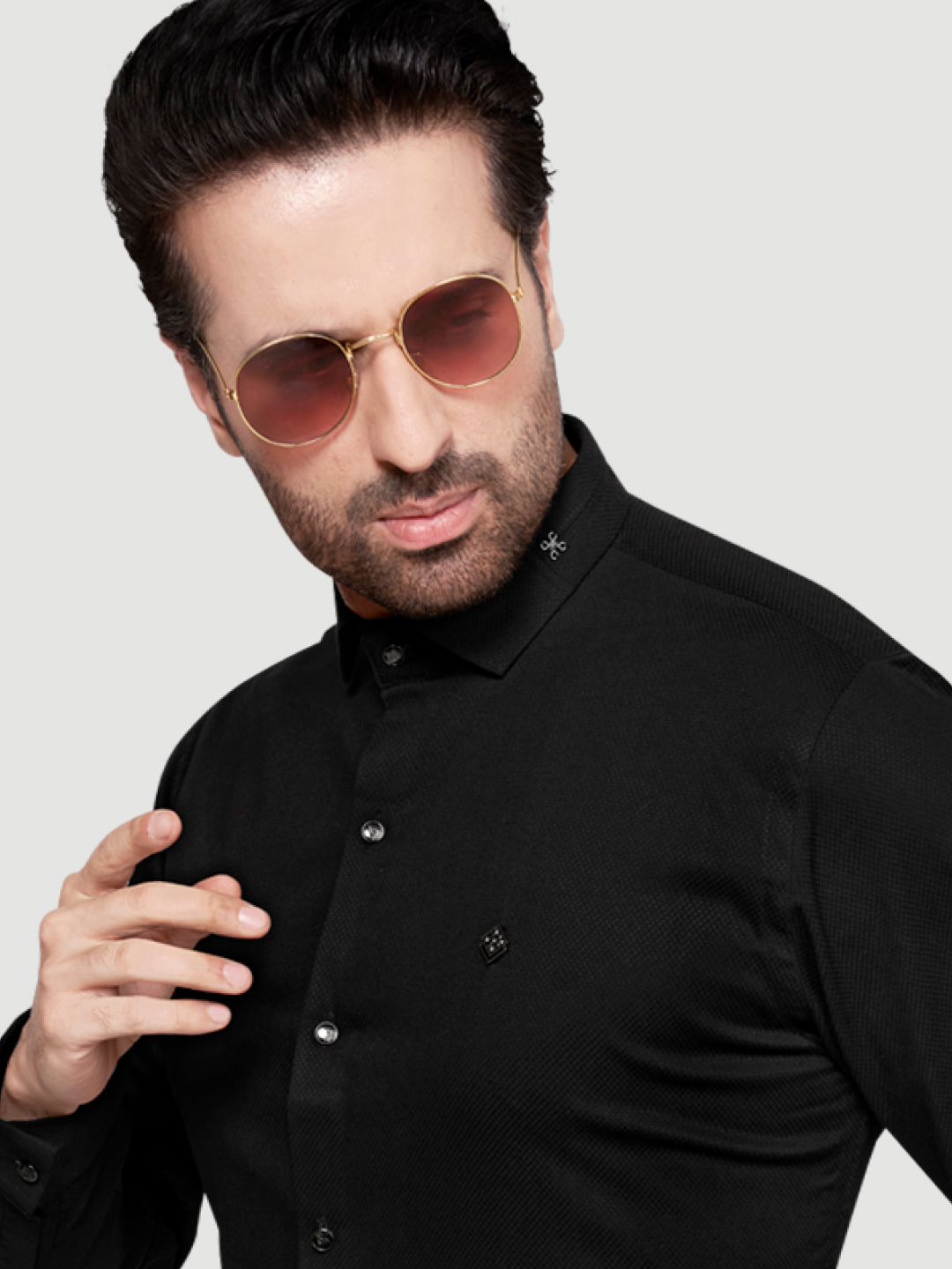 Black and White Men's Designer Shirt with Collar Accessory & Designer Broach Black