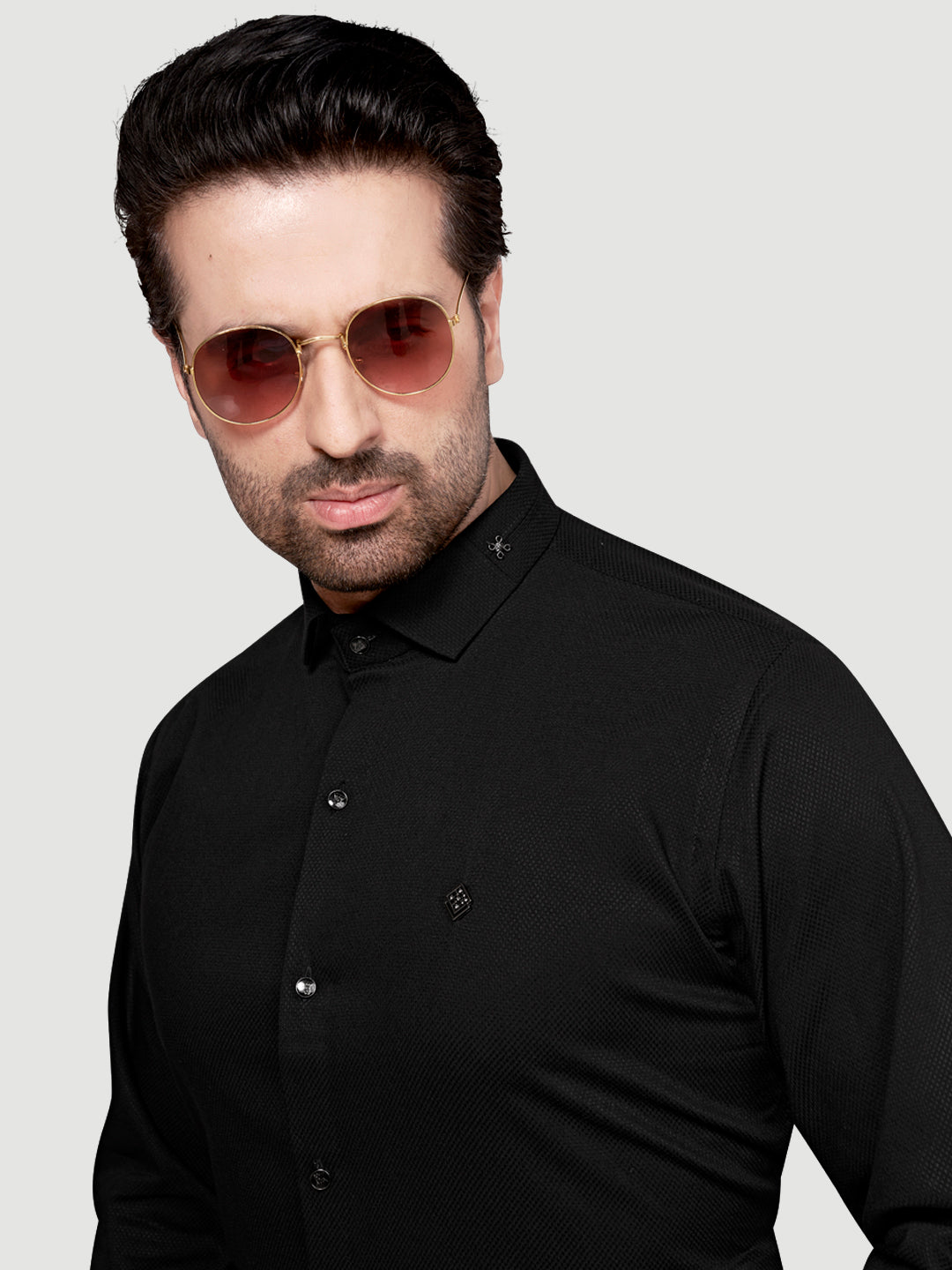 Black and White Men's Designer Shirt with Collar Accessory & Designer Broach Black