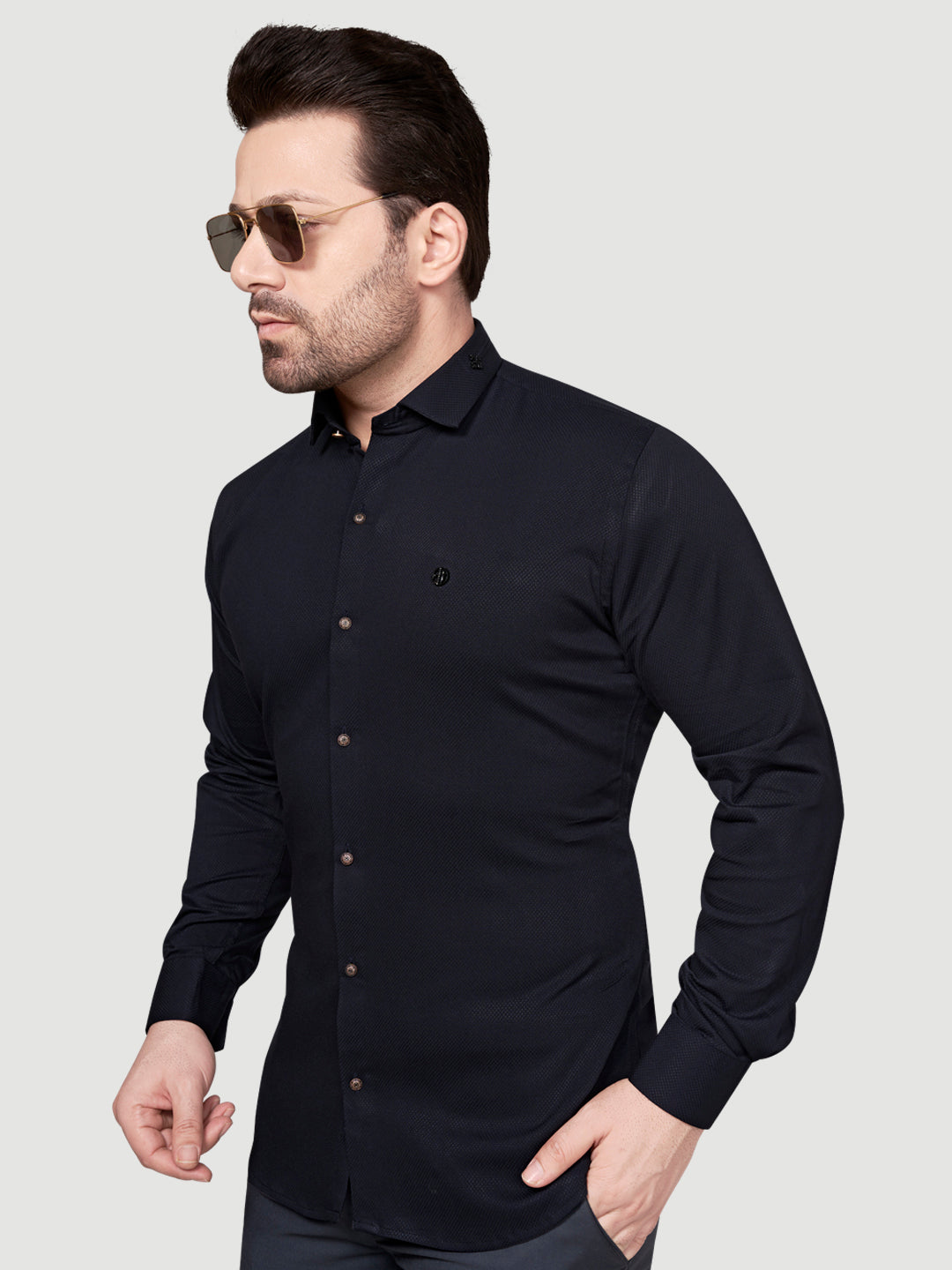Black and White Men's Designer Shirt with Collar Accessory & Designer Broach Navy Blue