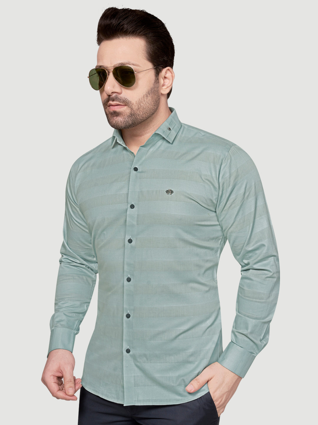 Black and White Men's Weft Designer Shirt Green
