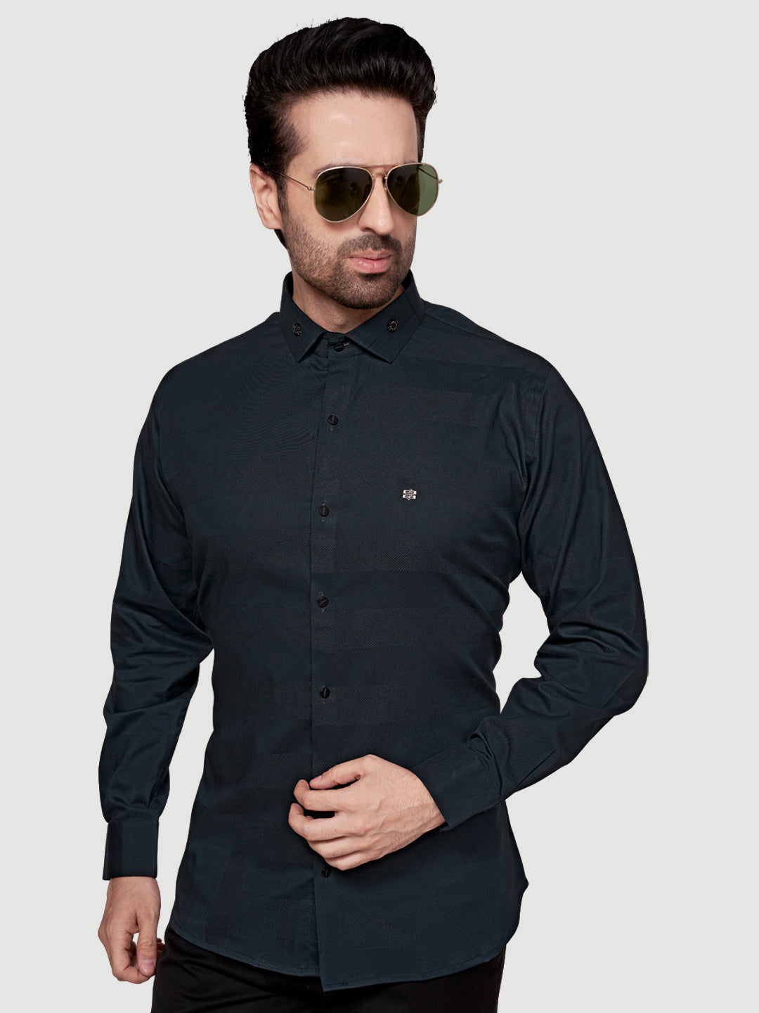 Black and White Men's Designer Shirt with Collar Accessory & Broach Turquoise Blue
