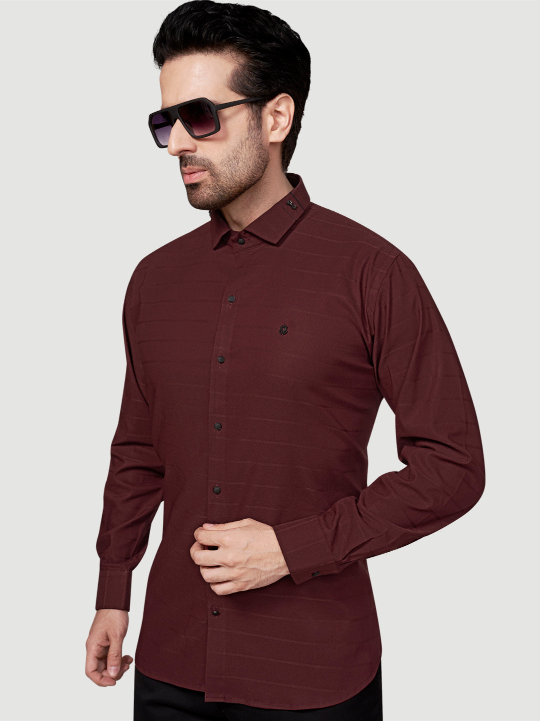 Black and White Men's Designer Shirt with Collar Accessory & Designer Broach Maroon