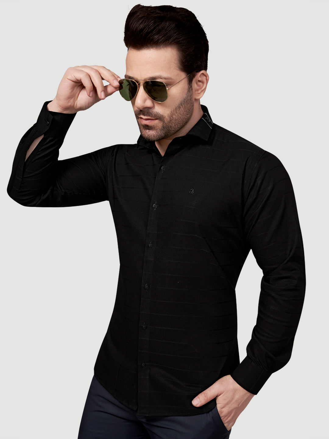 Black and White Men's Designer Shirt with Collar Accessory & Designer Broach Black