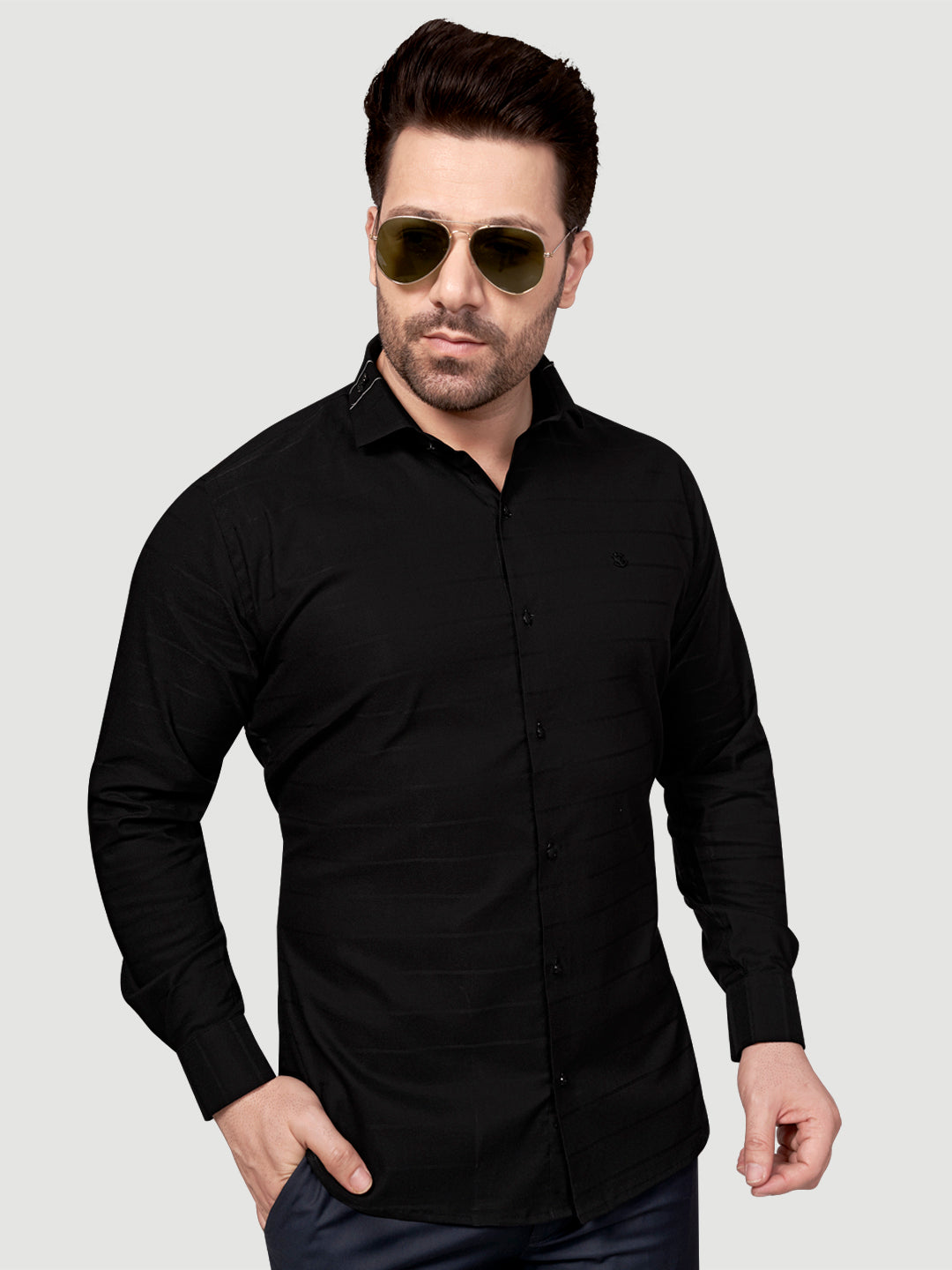 Black and White Men's Designer Shirt with Collar Accessory & Designer Broach Black