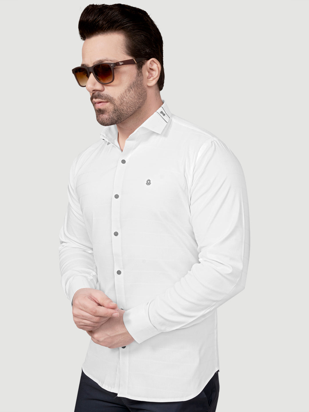 Black and White Men's Designer Shirt with Collar Accessory & Designer Broach White