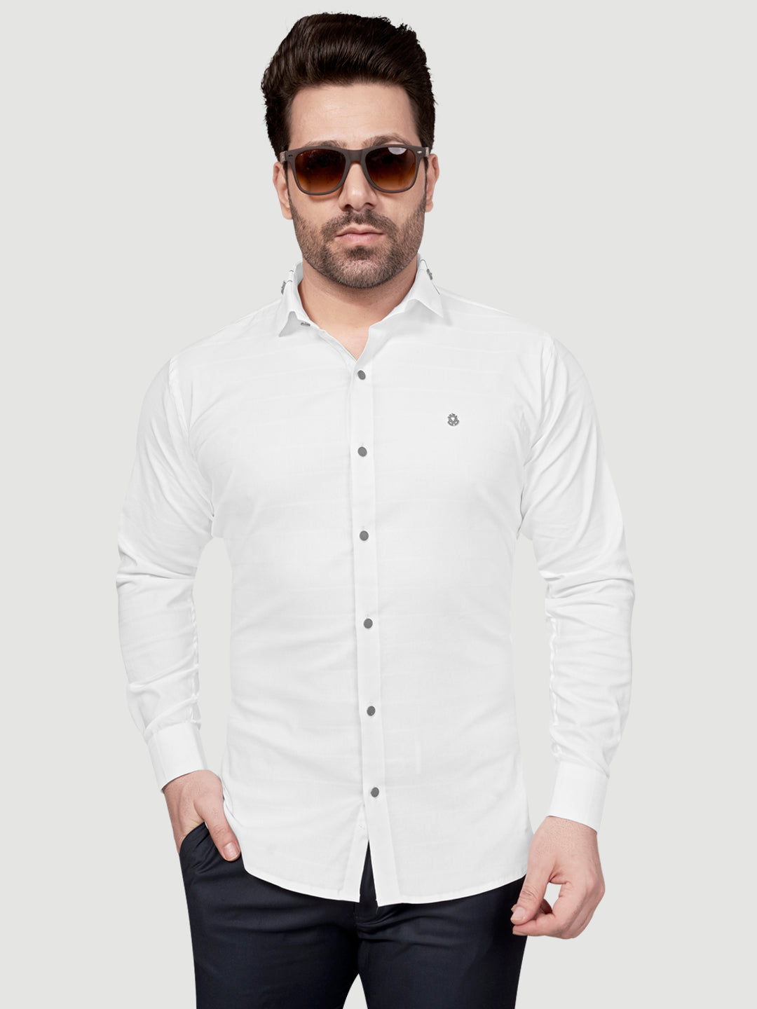 Black and White Men's Designer Shirt with Collar Accessory & Designer Broach White