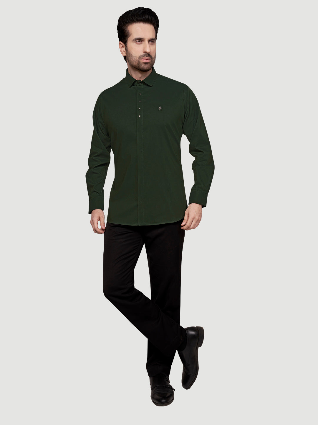 Black & White Designer Shirts with Shimmer Buttons Bottle Green