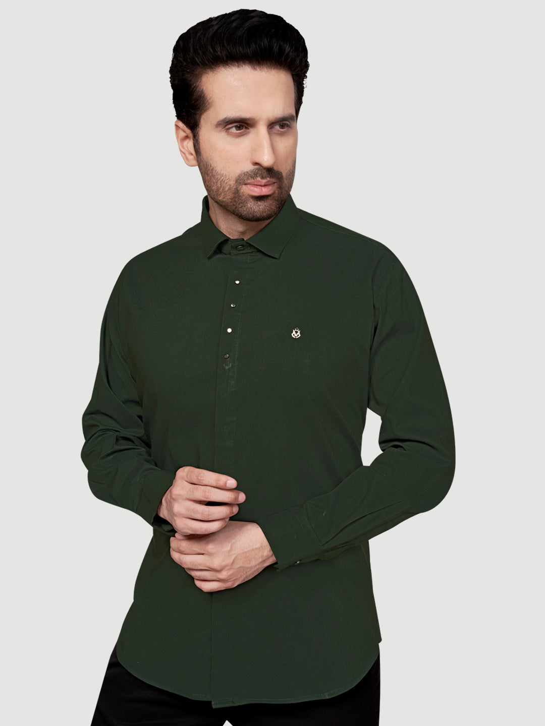 Black & White Designer Shirts with Shimmer Buttons Bottle Green