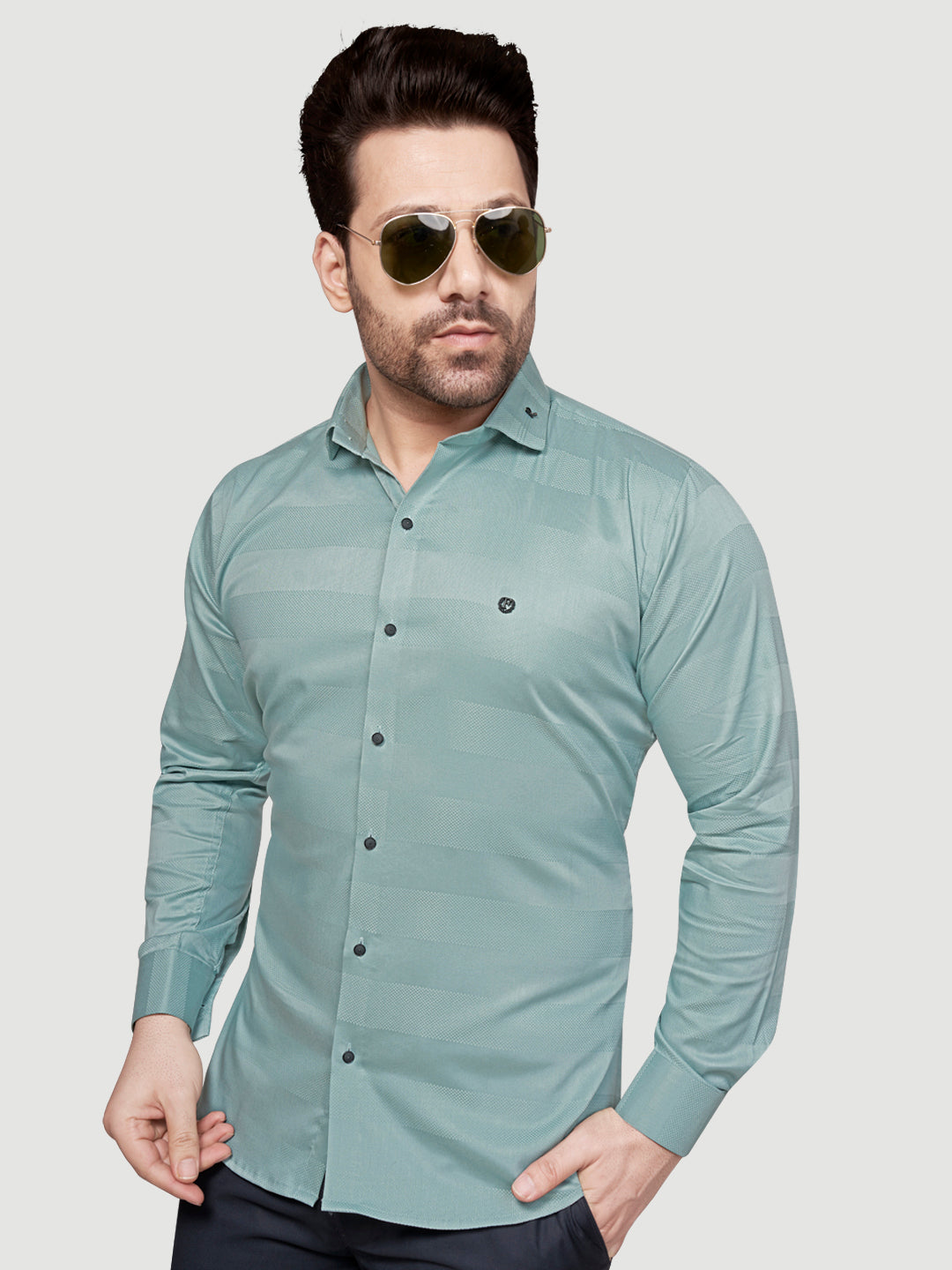 Black and White Men's Designer Shirt with Collar Accessory & Designer Broach Green