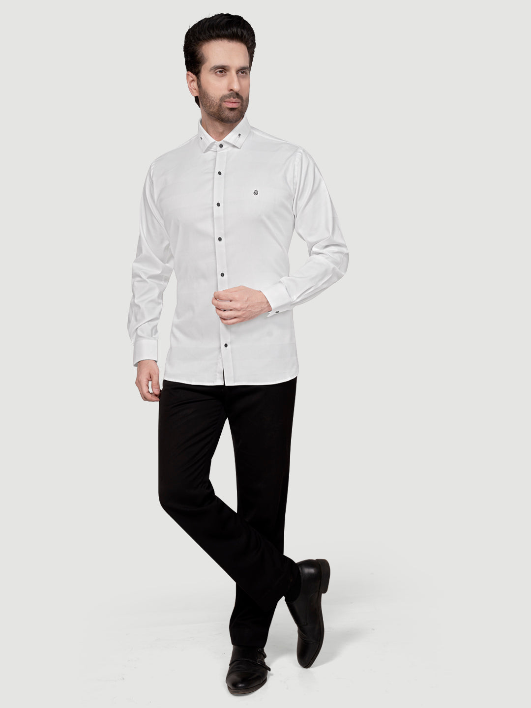 Black and White Men's Designer Shirt with Collar Accessory & Designer Broach White