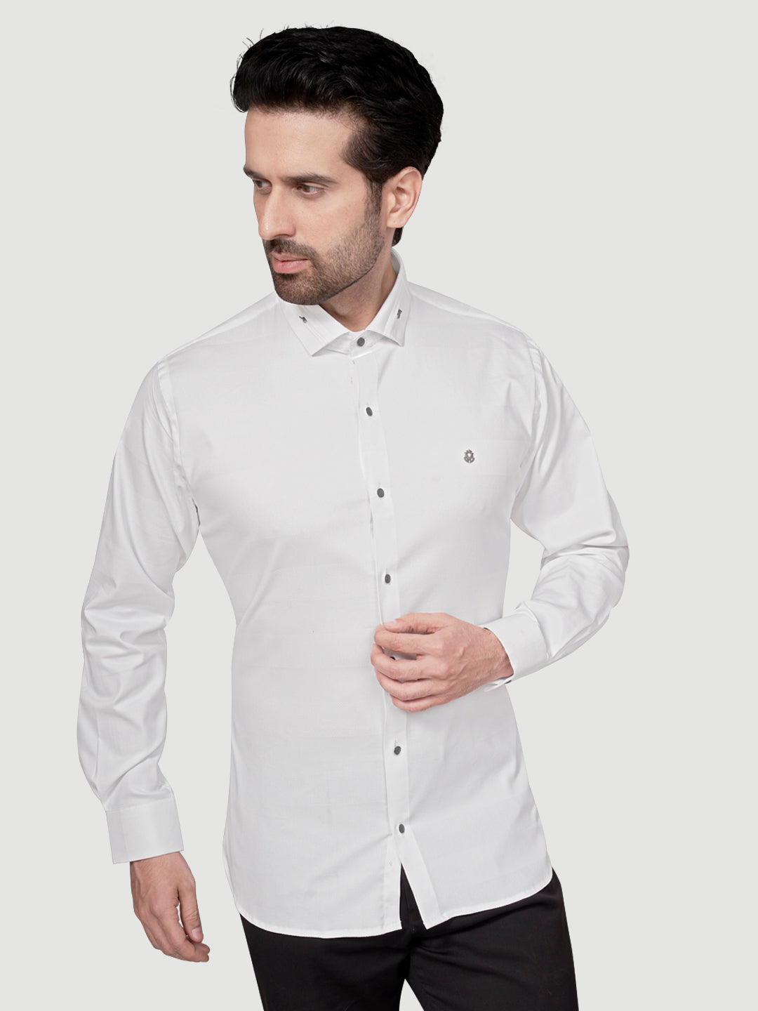 Black and White Men's Designer Shirt with Collar Accessory & Designer Broach White