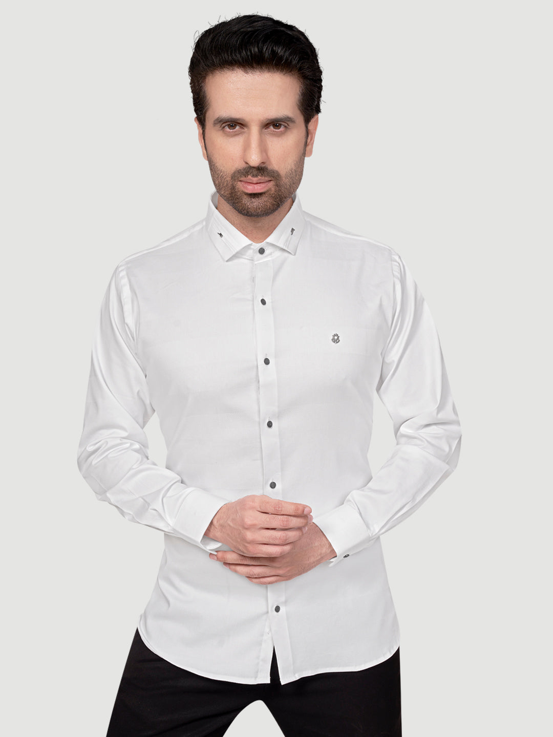 Black and White Men's Designer Shirt with Collar Accessory & Designer Broach White