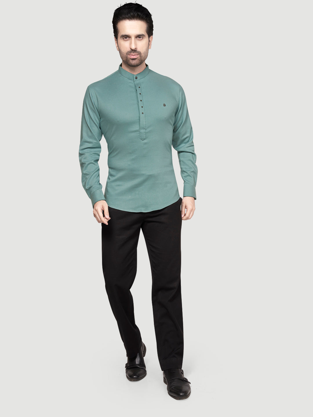 Men's Designer Short Kurta with Metal Buttons Ocean Green