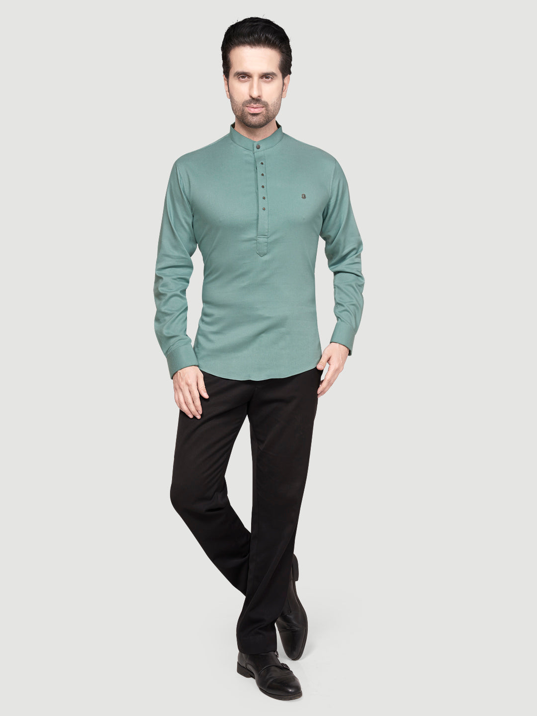 Men's Designer Short Kurta with Metal Buttons Ocean Green