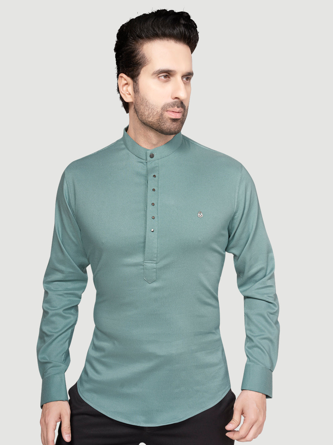 Men's Designer Short Kurta with Metal Buttons Ocean Green