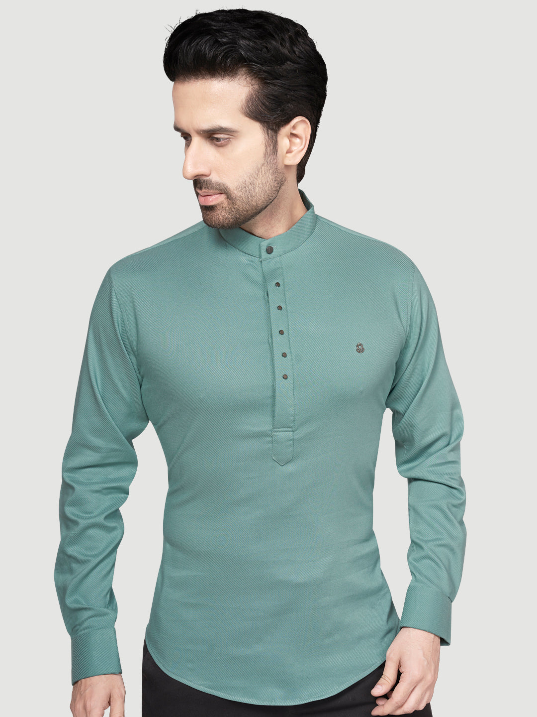 Men's Designer Short Kurta with Metal Buttons Ocean Green