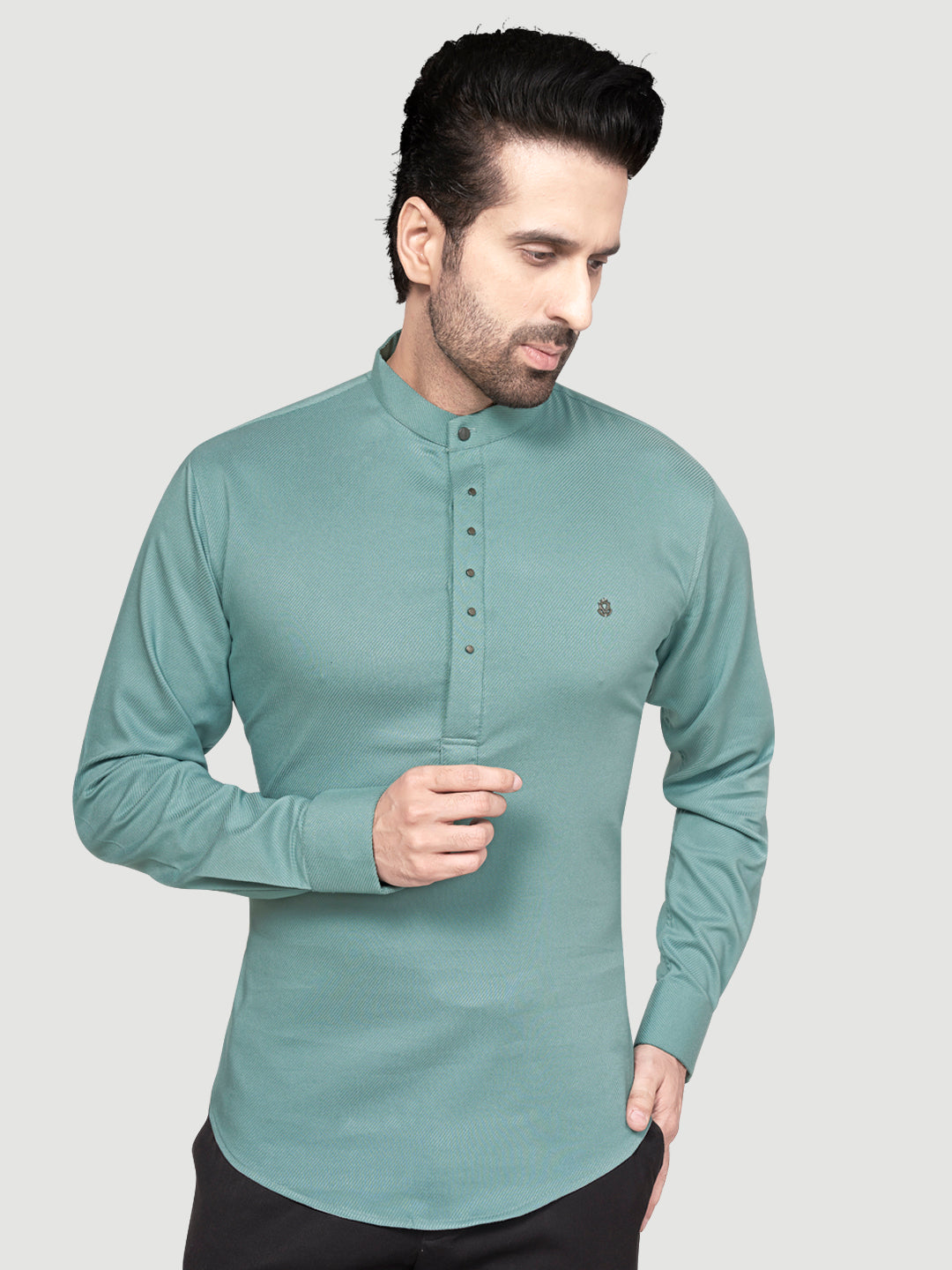 Men's Designer Short Kurta with Metal Buttons Ocean Green