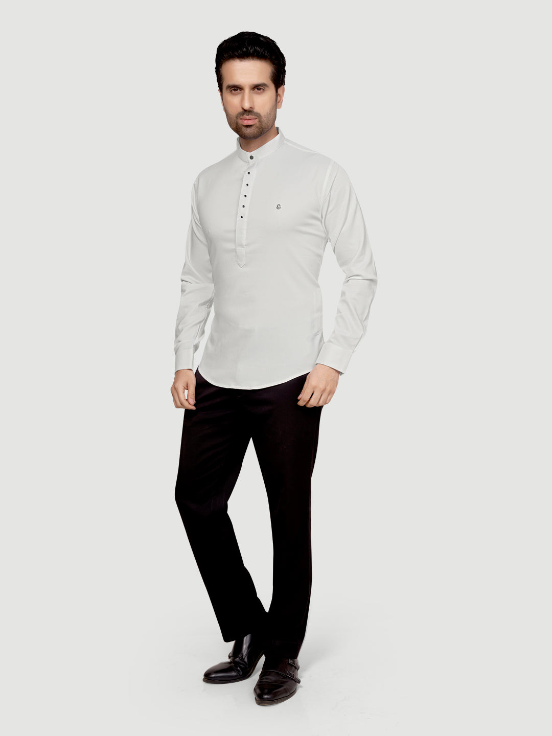 Black and White Men's Designer Short Kurta with Metal Buttons Bright White