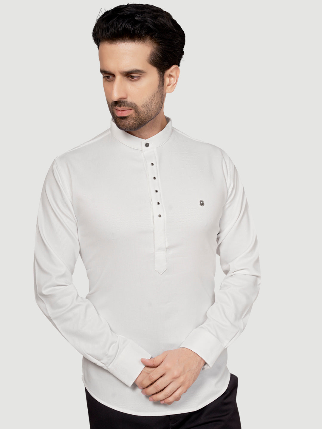 Black and White Men's Designer Short Kurta with Metal Buttons Bright White
