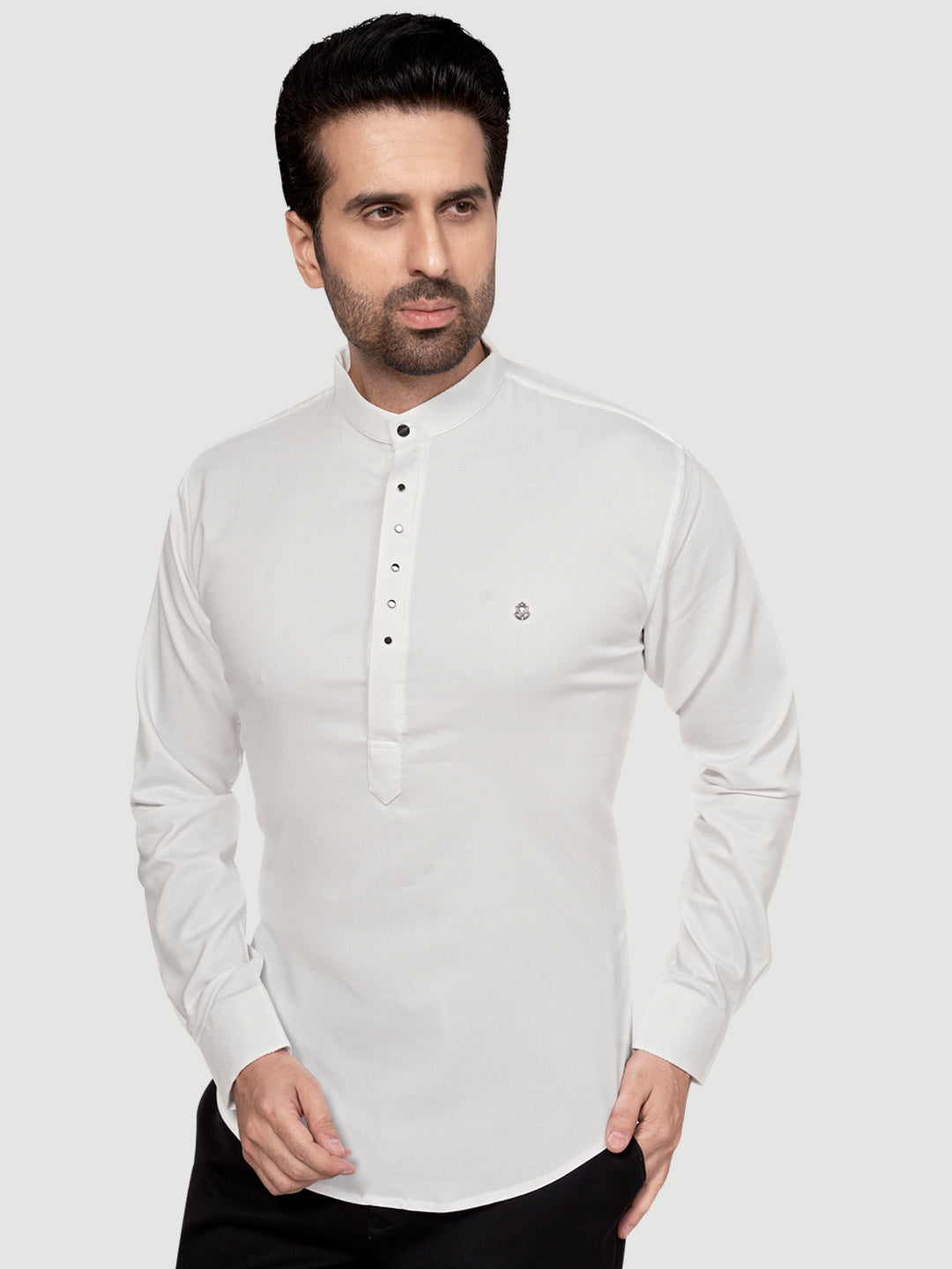 Black and White Men's Designer Short Kurta with Metal Buttons Bright White