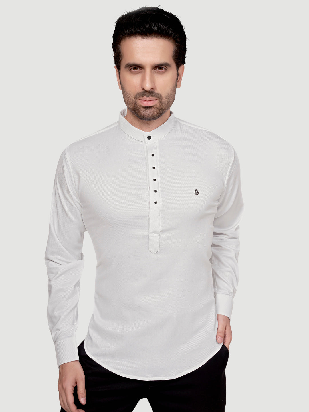 Black and White Men's Designer Short Kurta with Metal Buttons Bright White