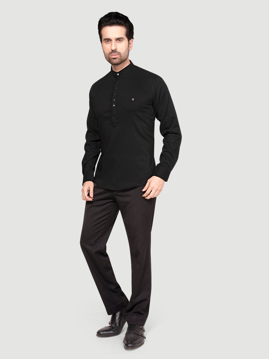 Black and White Men's Designer Short Kurta with Metal Buttons NIght Black