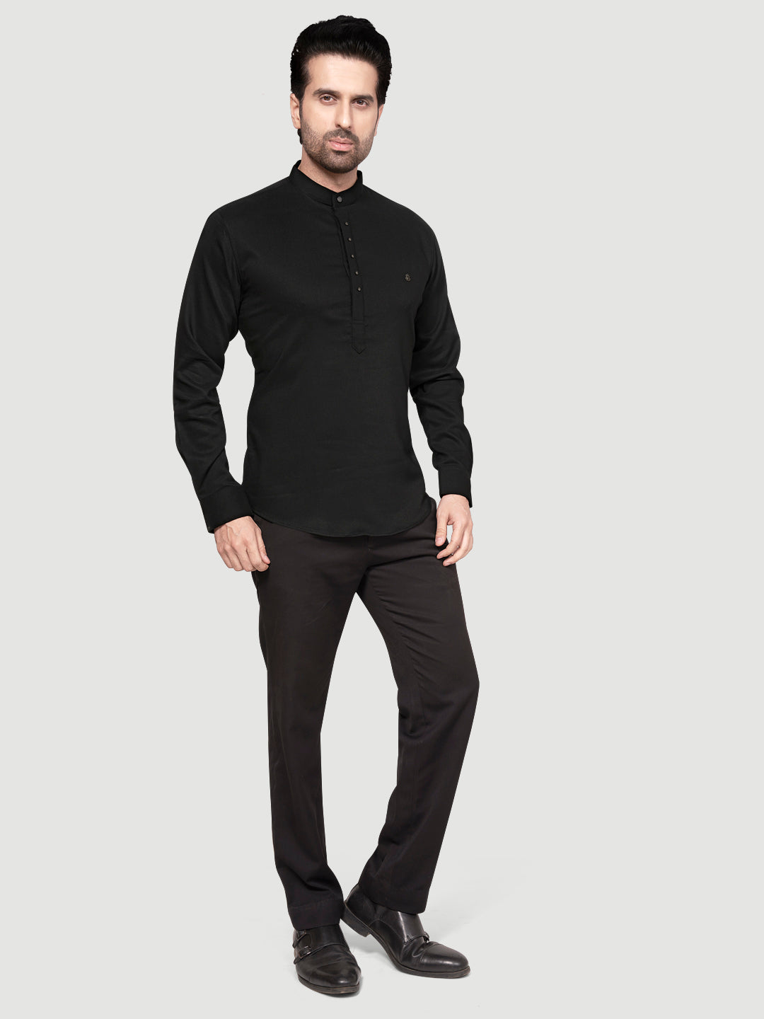 Black and White Men's Designer Short Kurta with Metal Buttons NIght Black