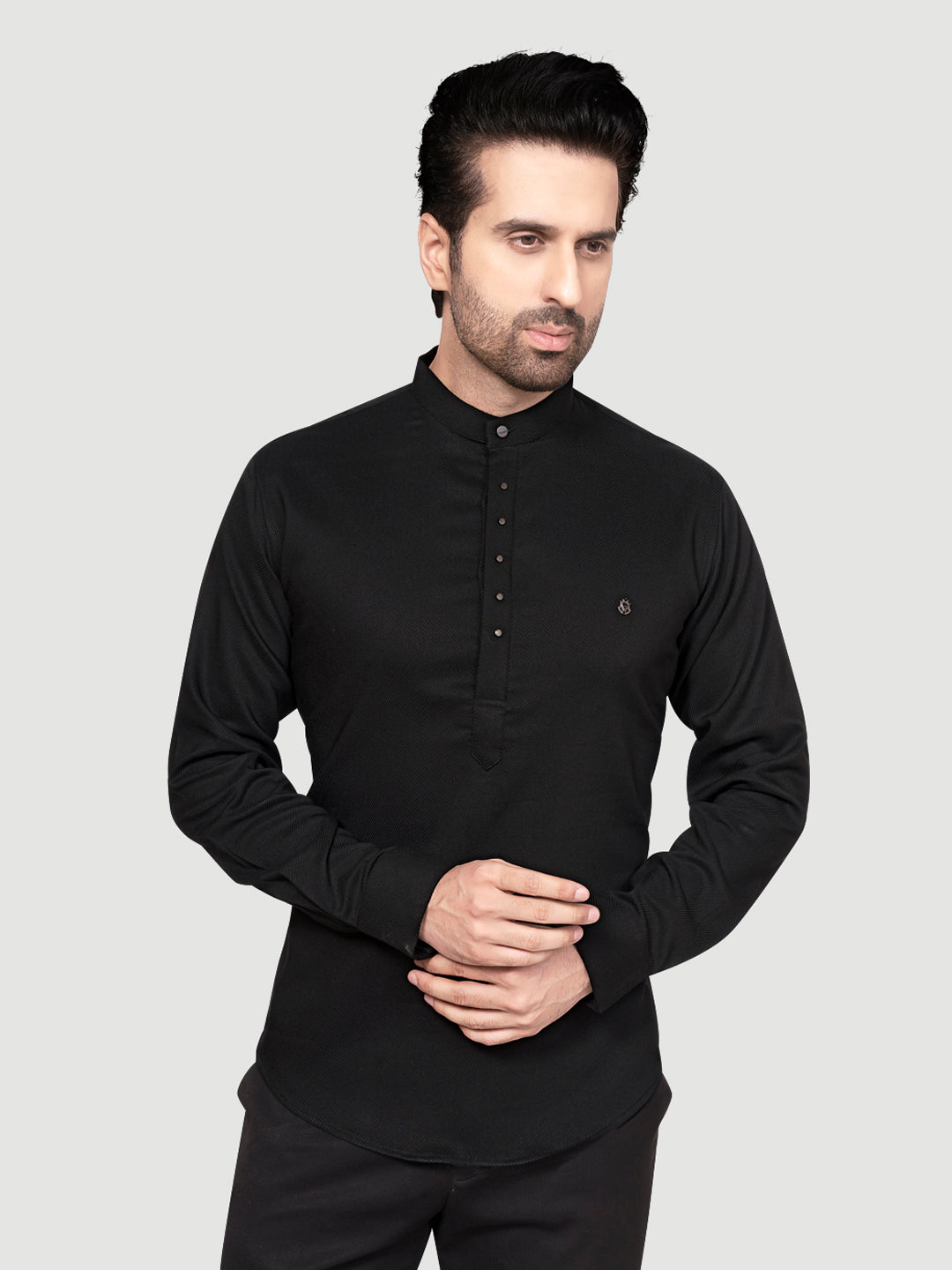 Black and White Men's Designer Short Kurta with Metal Buttons NIght Black