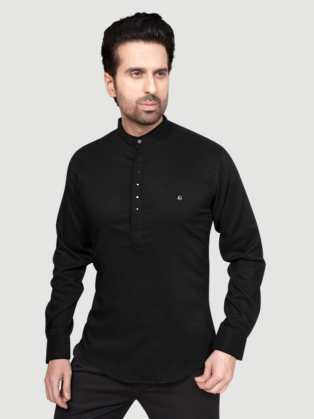 Black and White Men's Designer Short Kurta with Metal Buttons NIght Black