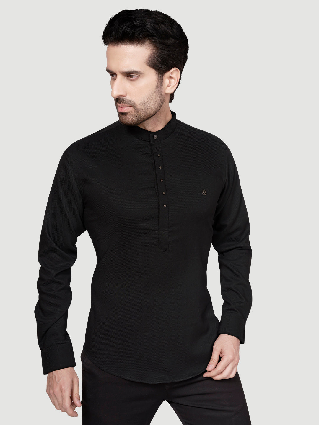 Black and White Men's Designer Short Kurta with Metal Buttons NIght Black