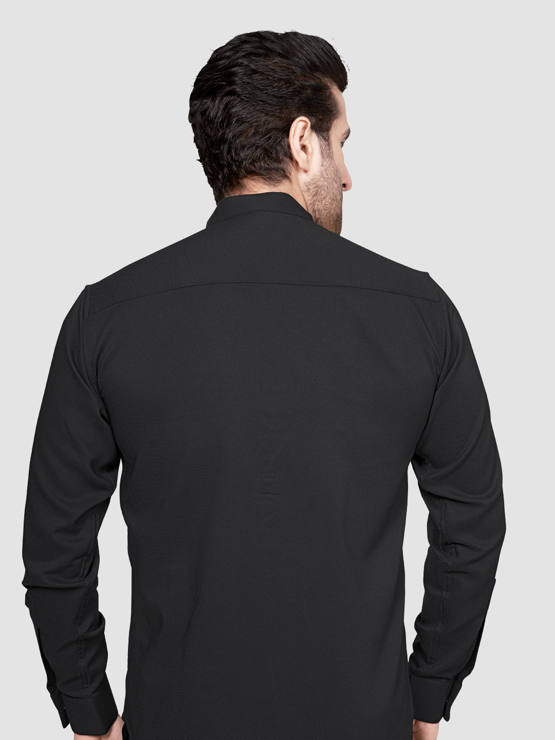 Black and White Men's Designer Short Kurta with Metal Buttons Iron Grey