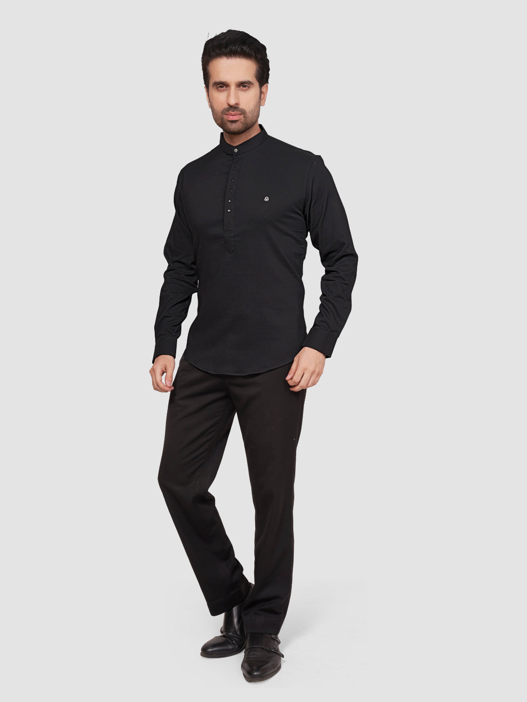 Black and White Men's Designer Short Kurta with Metal Buttons Iron Grey