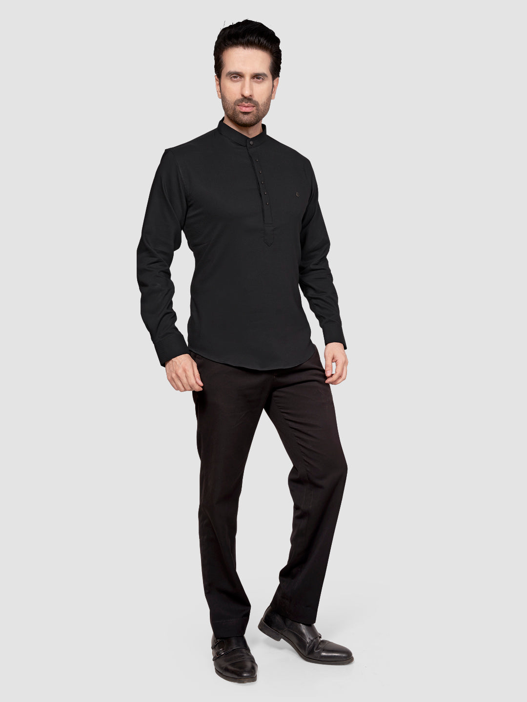 Black and White Men's Designer Short Kurta with Metal Buttons Iron Grey