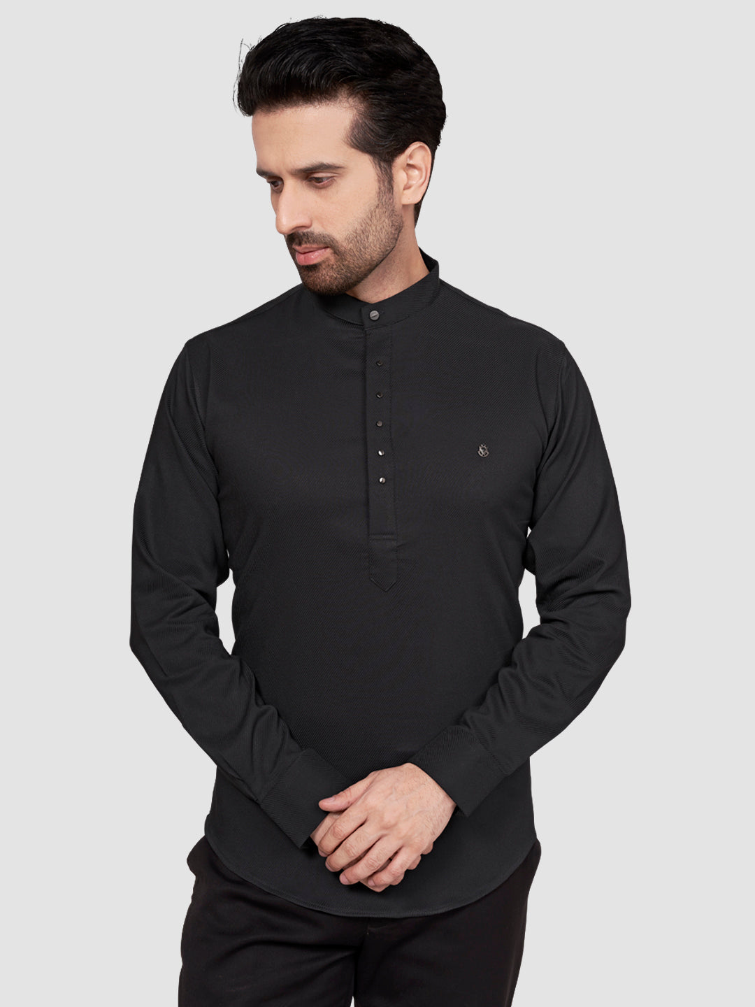 Black and White Men's Designer Short Kurta with Metal Buttons Iron Grey