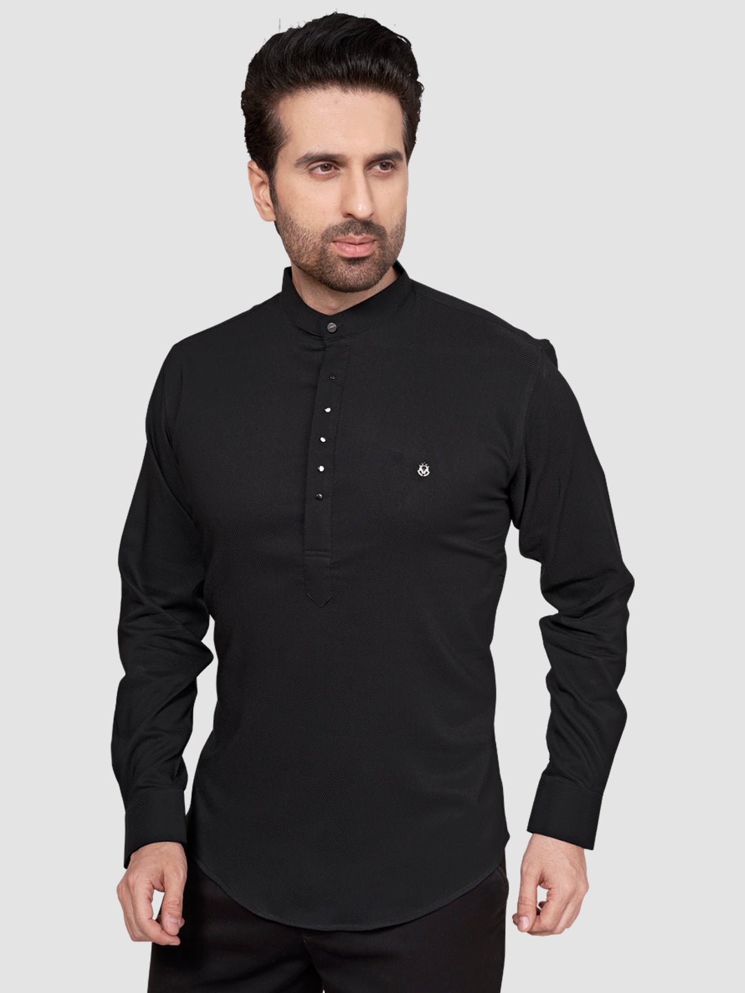 Black and White Men's Designer Short Kurta with Metal Buttons Iron Grey