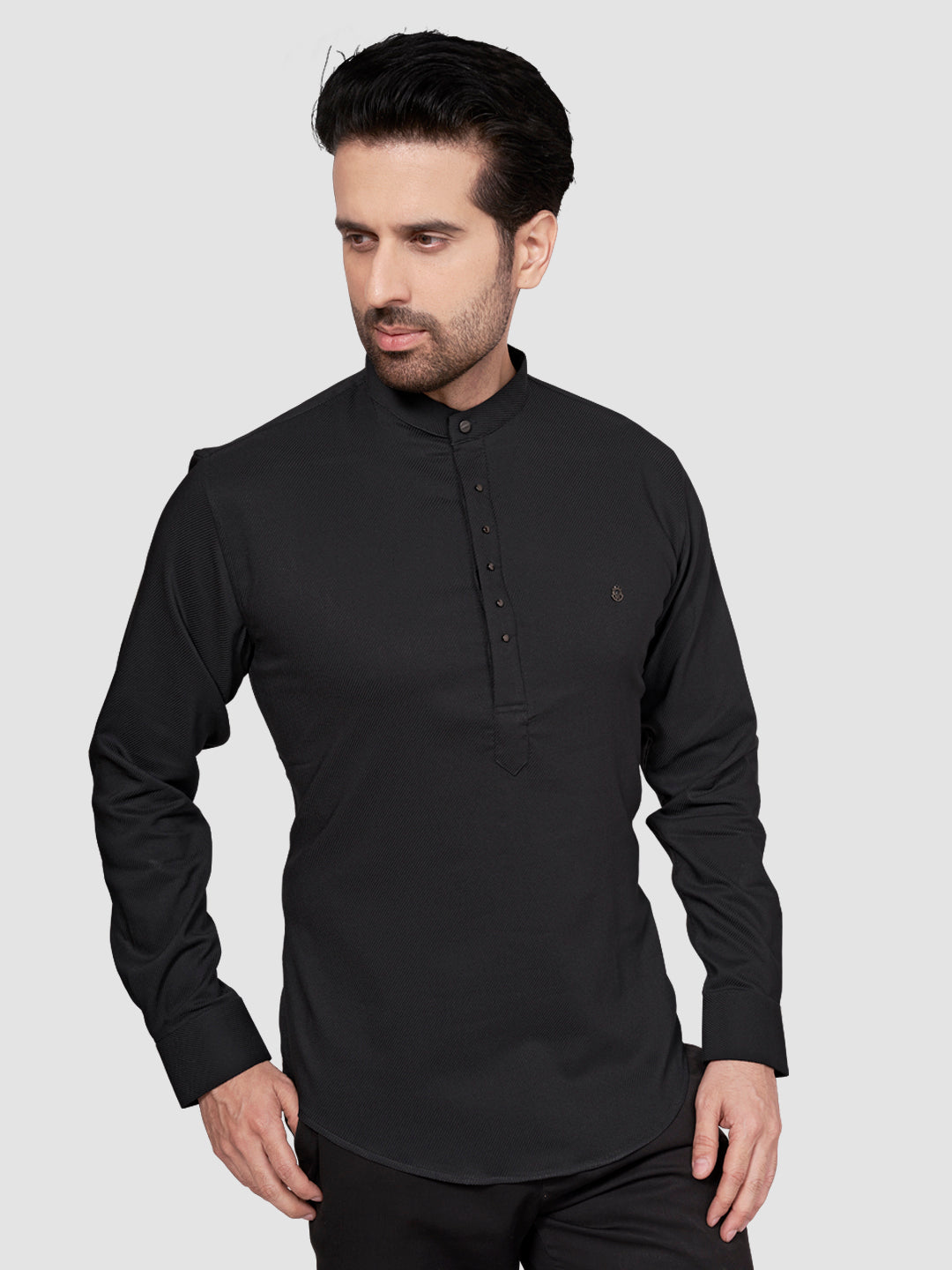Black and White Men's Designer Short Kurta with Metal Buttons Iron Grey